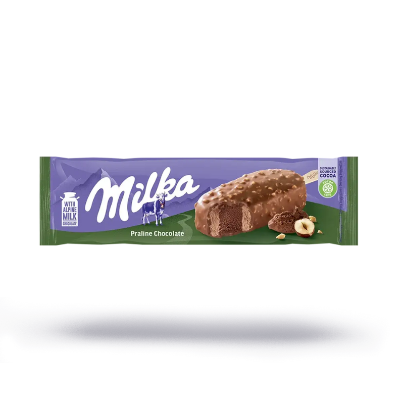 Milka Praline Chocolate Ice Cream Stick with rich hazelnut praline filling
