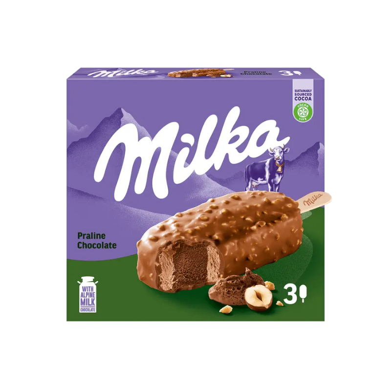 Milka Praline Chocolate Ice Cream Stick with rich hazelnut praline filling