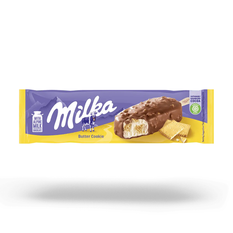 Milka Butter Cookie Ice Cream Stick with cookie bits and chocolate coating