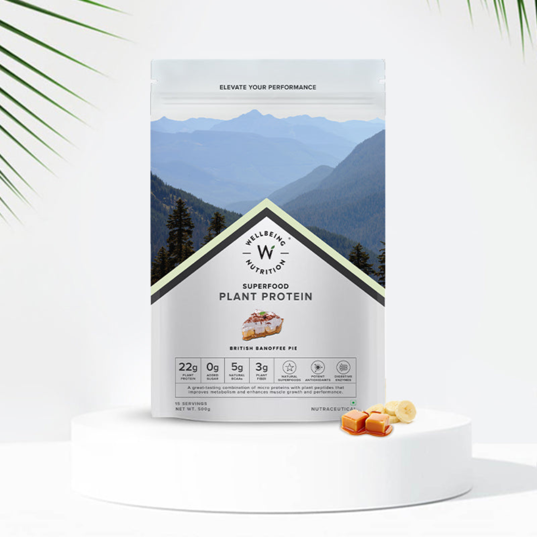 WELLBEING NUTRITION SUPERFOOD PLANT PROTEIN IN BRITISH BANOFFEE PIE