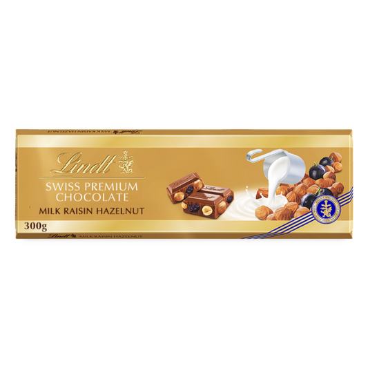 LINDT SWISS PREMIUM MILK CHOCOLATE WITH RAISIN & HAZELNUT