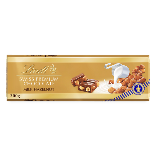 LINDT SWISS PREMIUM MILK CHOCOLATE WITH HAZELNUTS