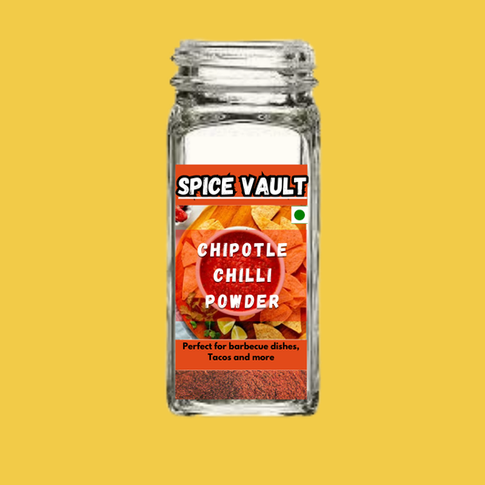Smoky red-brown Chipotle Chilli Powder in clear jar