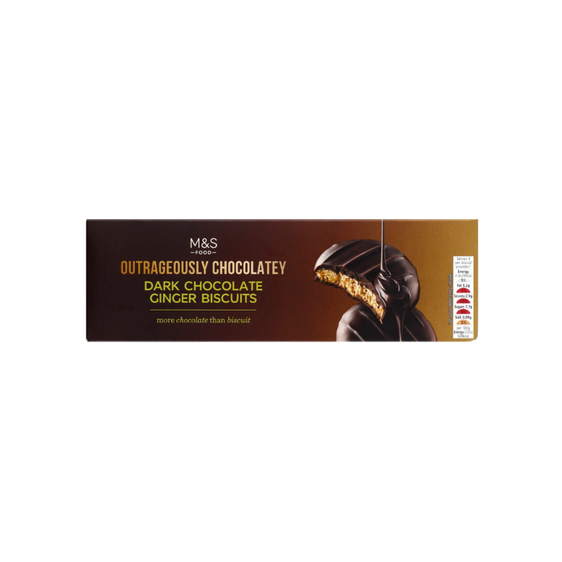 M&S OUTRAGEOUSLY CHOCOLATEY DARK CHOCOLATE GINGER BISCUITS