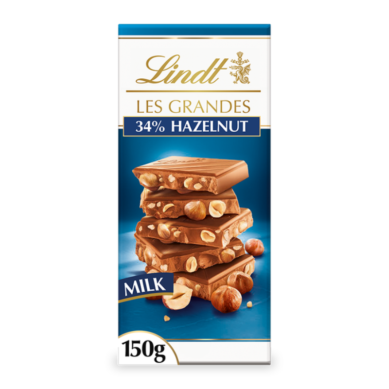 LINDT LES GRANDES 34% HAZELNUTS IN MILK CHOCOLATE