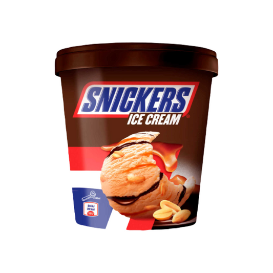 Snickers Ice Cream Tub with peanuts, caramel, and chocolate swirl