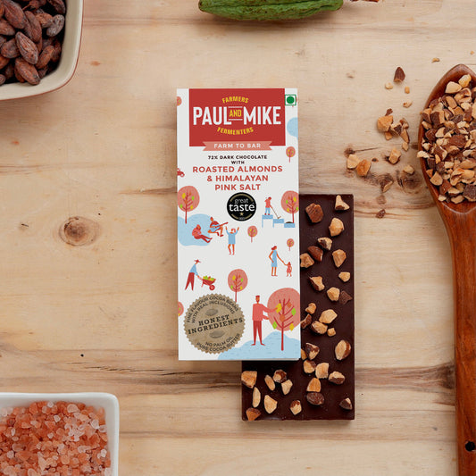 PAUL AND MIKE 72 % DARK CHOCOLATE WITH ROASTED ALMONDS & HIMALAYAN PINK SALT