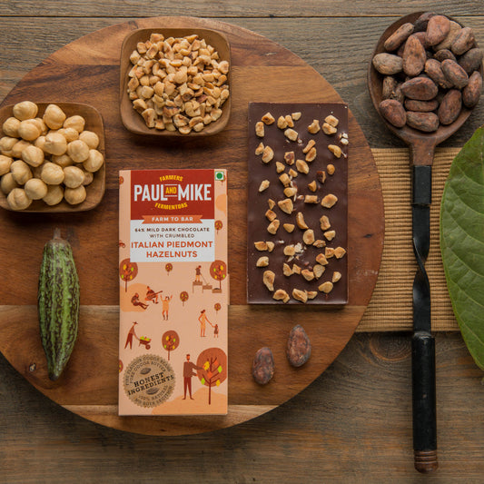 PAUL AND MIKE 64% DARK CHOCOLATE WITH CRUMBLED ITALIAN PIEDMONT HAZELNUTS
